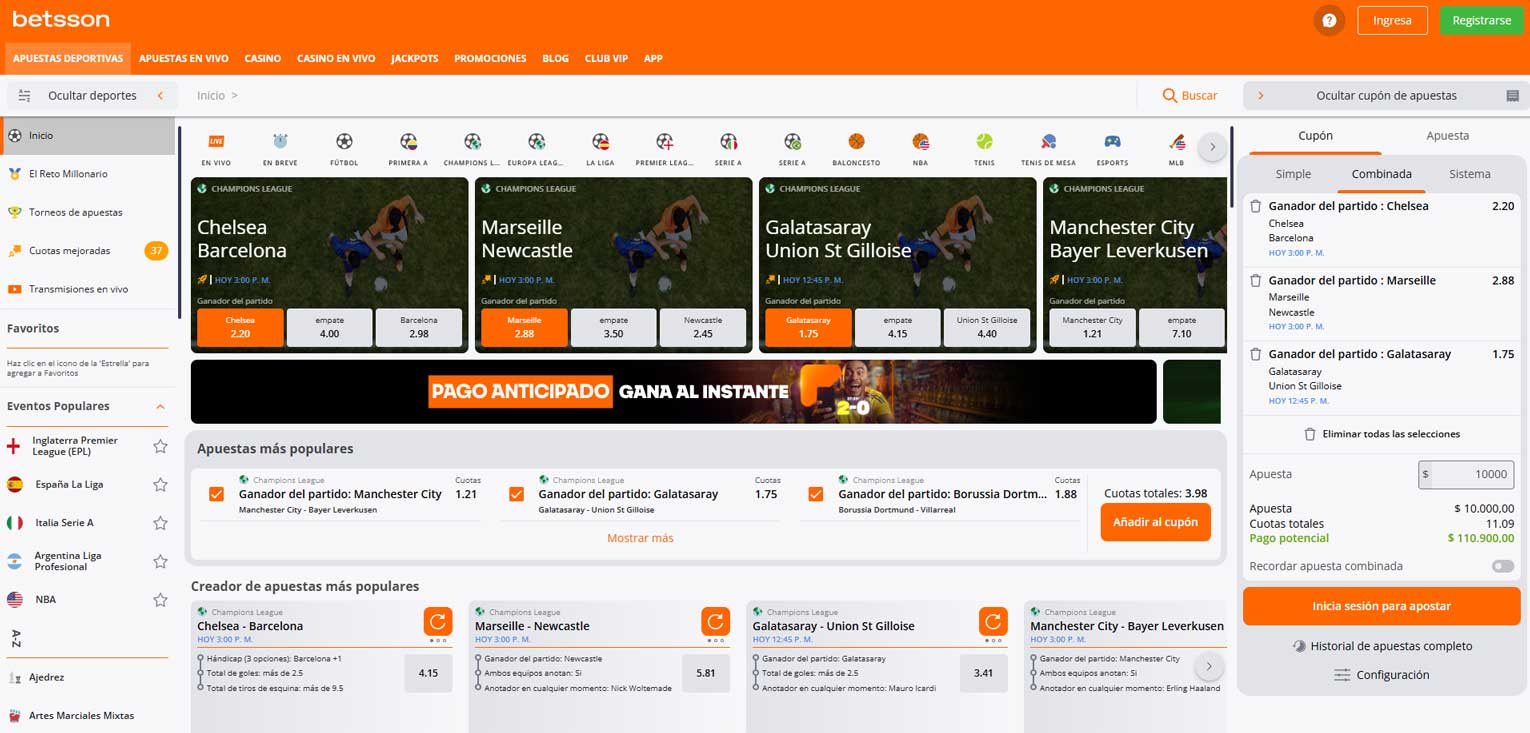 Betsson Colombia home page